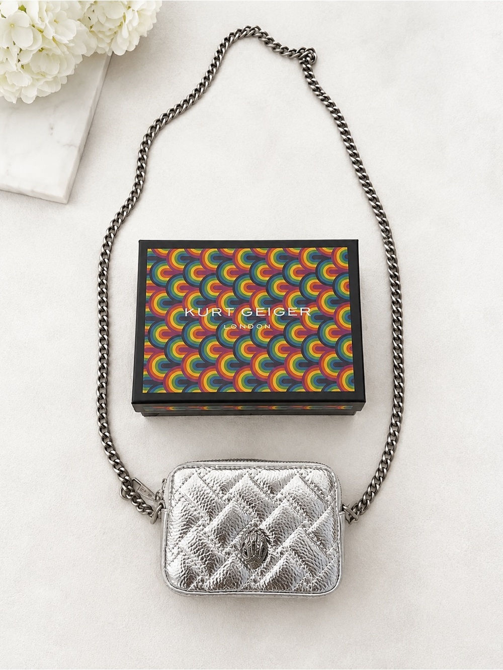 Kurt Geiger Metallic Silver Quilted Chain Crossbody never worn!
